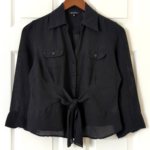 Nic + Zoe Silk & Linen Blend Quarter Sleeve Button Down Tie Front Top Black SP - Picture 1 of 11